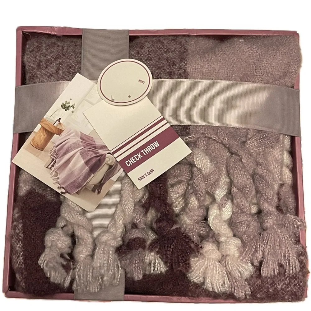 NWT Highline Bedding Co 50”x 60” Purple Plaid Knit Throw Blanket Braided Tassels